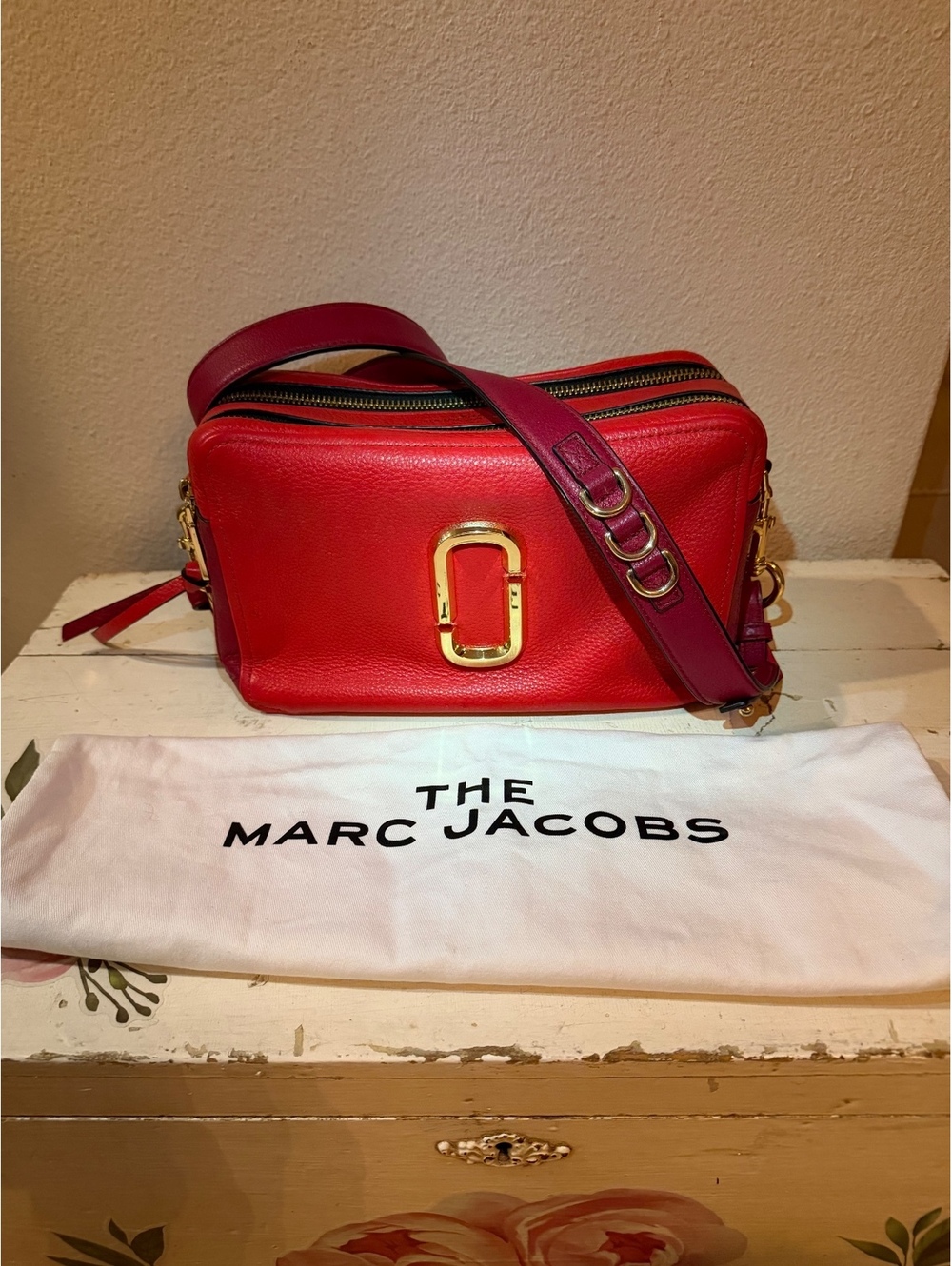 The Marc Jacobs Red Leather Snapshot Camera Crossbody Bag with Adjustable Strap